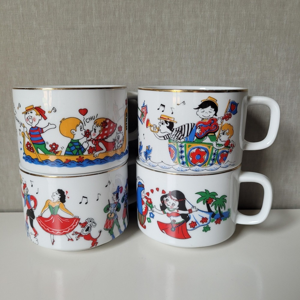 Vintage Hellerware Stacking Mugs Set of 4 Retro Cartoon Whimsical Romance Taiwan